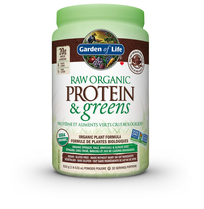 Garden of Life Raw Organic Plant Protein & Greens Chocolate Flavour - Vegan, Gluten, Dairy & Soy Free 610g