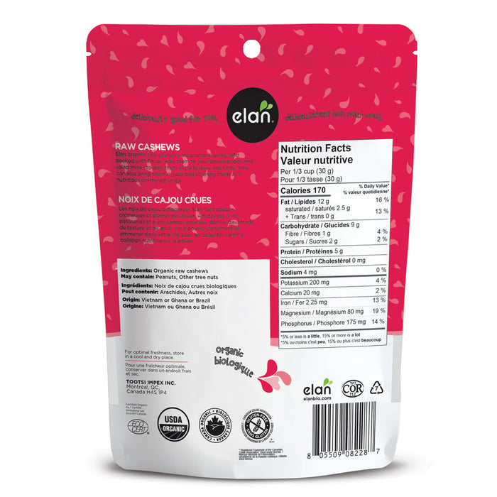 Elan Raw Cashews Organic 185g
