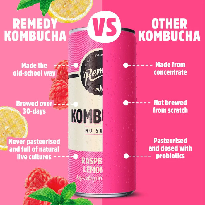 Remedy Organic Kombucha, No Sugar, Raspberry Lemonade 4x330ml