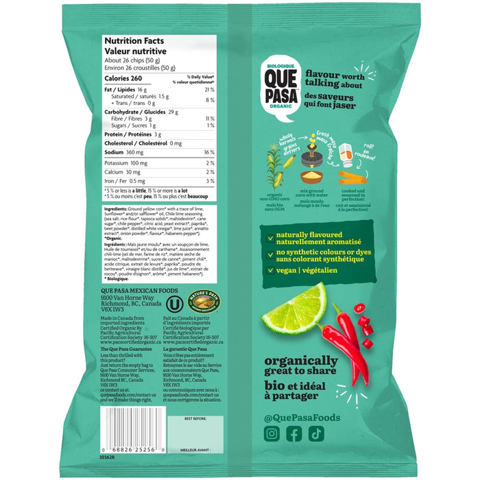 Que Pasa Rolled Tortilla Chips Chile & Lime – Zesty Organic Snack (184g)