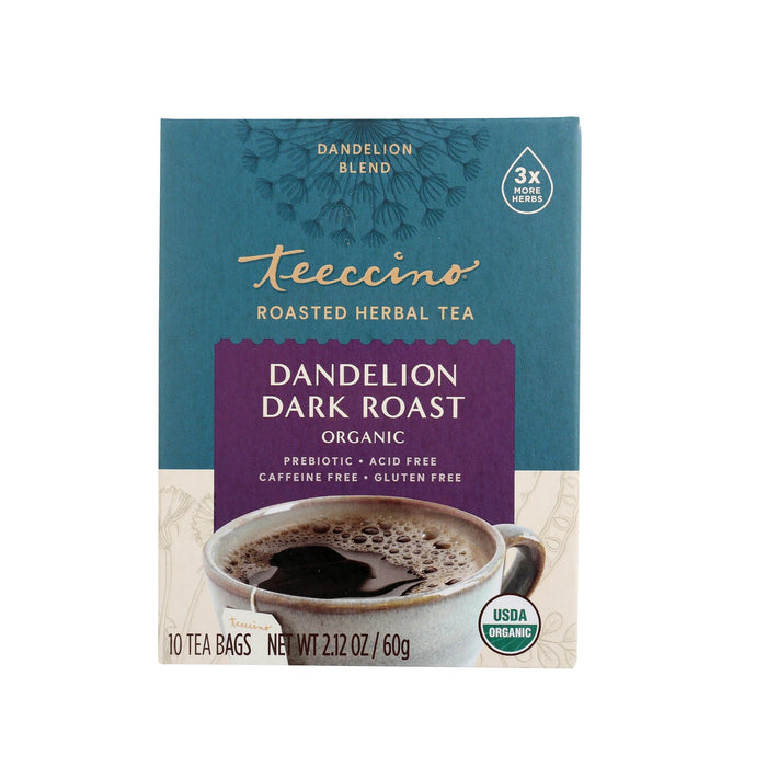 Teeccino Roasted Herbal Tea - Naturally Caffeine Free - Dandelion Dark Roast 10 Tea Bags