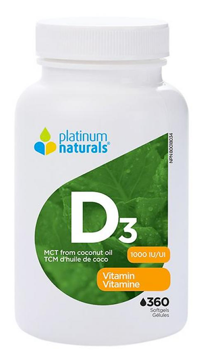 Platinum Naturals - D3 Vitamin 1000IU ( MCT from Cocount Oil) 360 Softgels