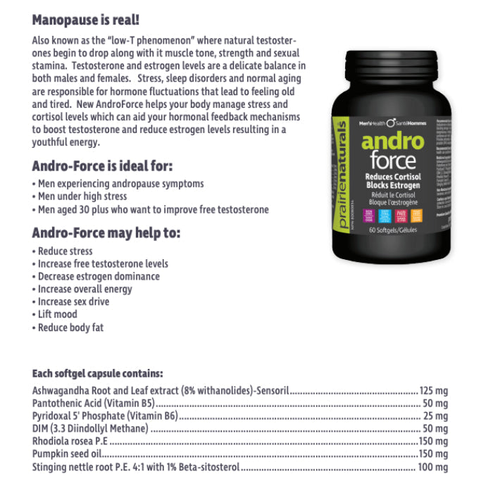 Prairie Naturals - Andro Force for Cortisol reduction & Estrogen Blockage 60 Softgels