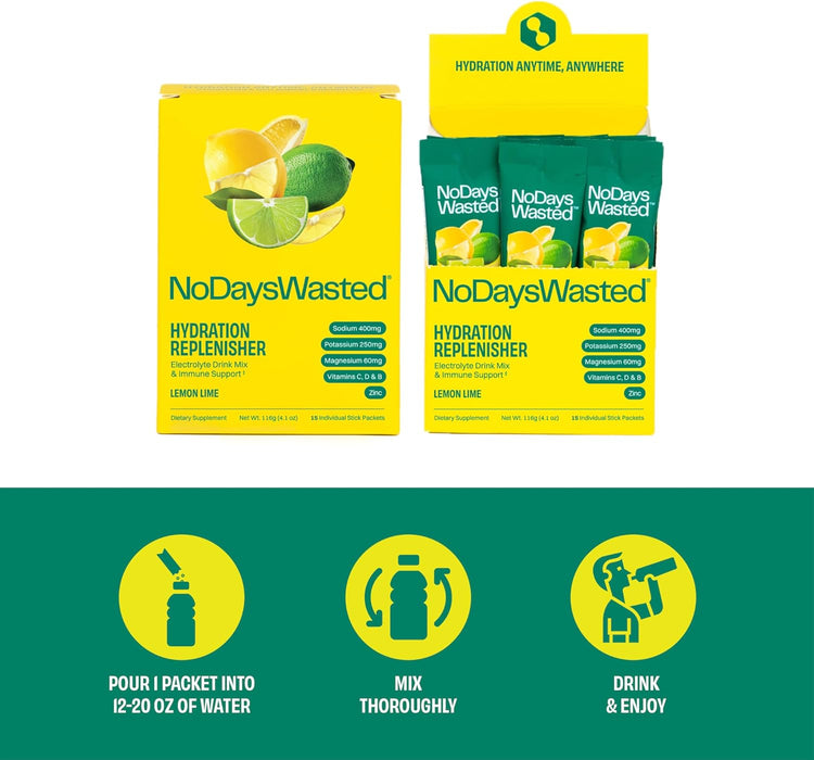 No Days Wasted Hydration Replenisher Lemon Lime box of 15 sachets