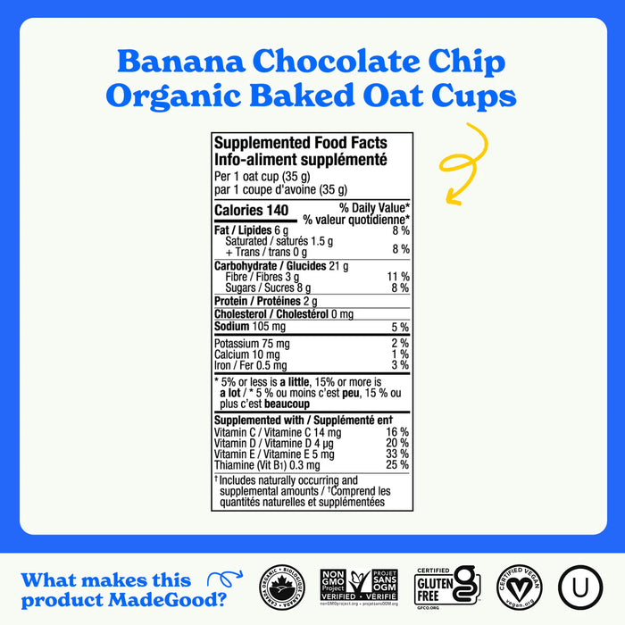Made Good Mornings Organic Baked Banana Chocolate Chip Oat Cups 175g