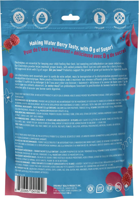 Organika Kids Electrolyte – Hydration Support, Raspberry Rush Flavour (20 Pack)