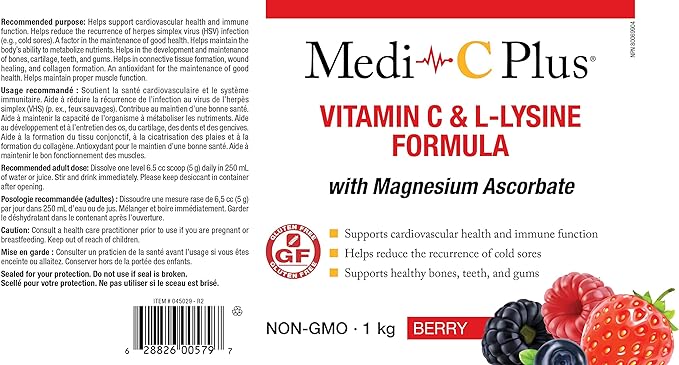 Medi-C Plus Vitamin C &L-Lysine w/ Magnesium Ascorbate Berry Flavour 1kg