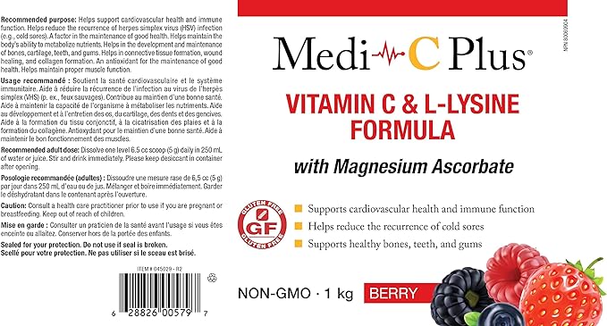 Medi-C Plus Vitamin C & L-Lysine Formula with Magnesium Ascorbate 600g Berry Flavour