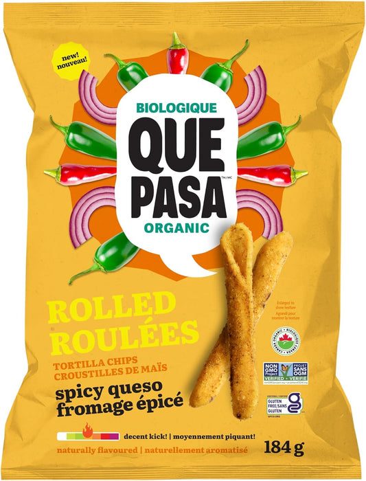 Que Pasa Rolled Tortilla Chips Spicy Queso – Organic, Gluten-Free Snack (184g)