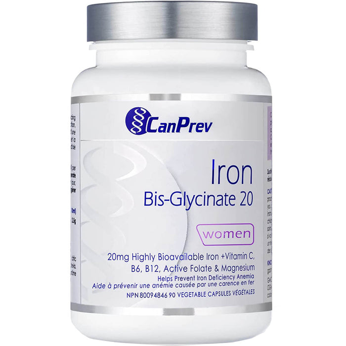 CanPrev Iron Bis-Glycinate 20mg - Women Highly Bioavailable Iron+Vitamin C, B12, Active Folate & Magnesium 90vegicaps