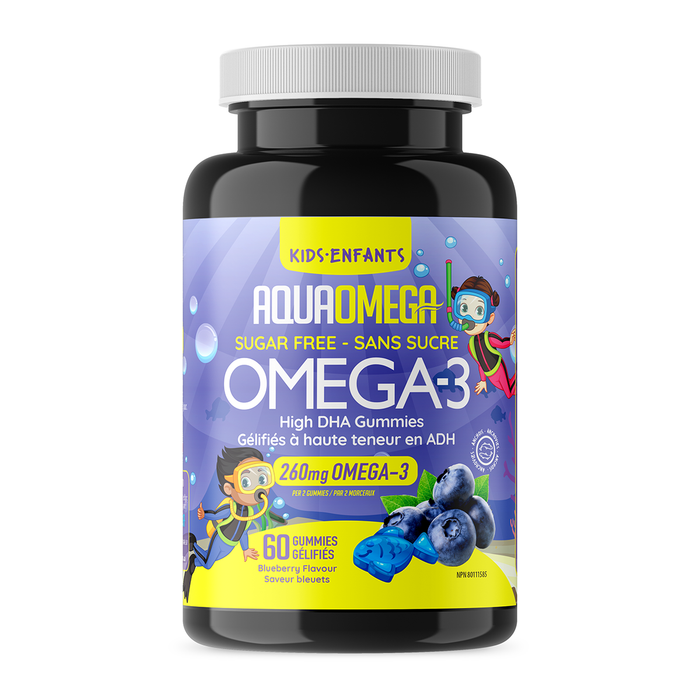 AquaOmega Kids High DHA Sugar Free Gummies, Blueberry Flavour - Helps Support Cognitive Health, Gelatin Free. 60gummies
