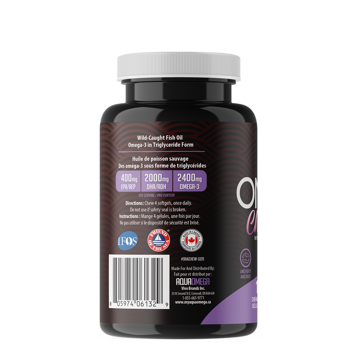 AquaOmega Chewable High DHA Omega-3 Grape Flavour - Wild Caught Fish Oil 120 Chewables