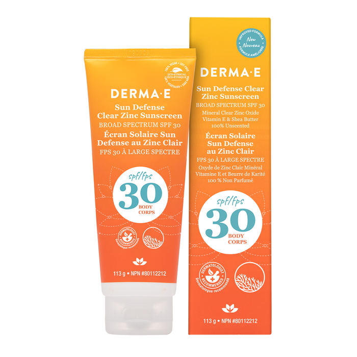 Derma-E Sun Defense SPF 30 Clear Zinc Body Sunscreen - Broad Spectrum, Reef Friendly. 113g