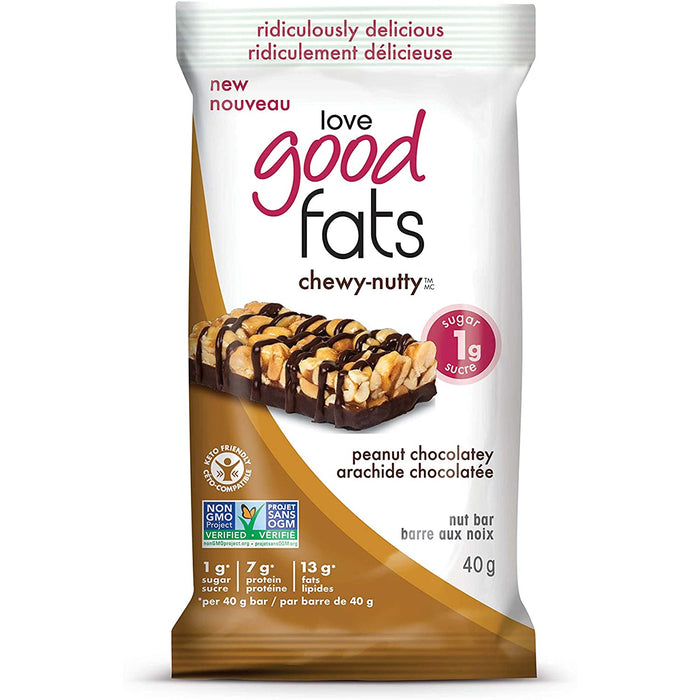 Love Good Fats Peanut Butter Chocolatey Chewy Nutty Bar - Keto, Gluten Free, Plant Based. 40g