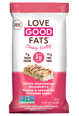 Love Good Fats White Chocolatey Strawberry Chewy Nutty Bar - Keto, Gluten Free, Plant Based. 40g