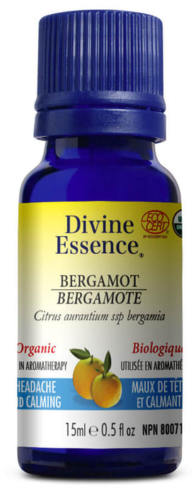 Divine Essence Bergamot Essential Oil Organic - Headache and Calming. 15ml