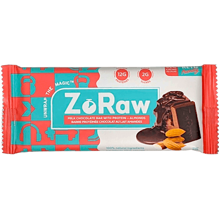 ZoRaw Keto Milk Chocolate-Almond With Protein Bar - Sustainably Sourced Cacao, Gluten Free. 52g