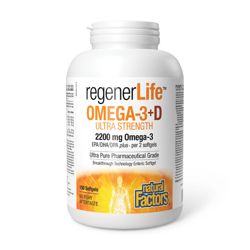 Natural Factors Regenerlife Omega-3+D Ultra Strength 2200mg Omega 3, Ultra Pure  150 SOFTGELS