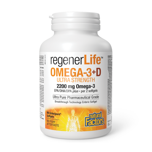Natural Factors Regenerlife Omega-3+D Ultra Strength 2200mg Omega 3 Ultra Pure Pharmaceutical Grade 90 SOFTGELS