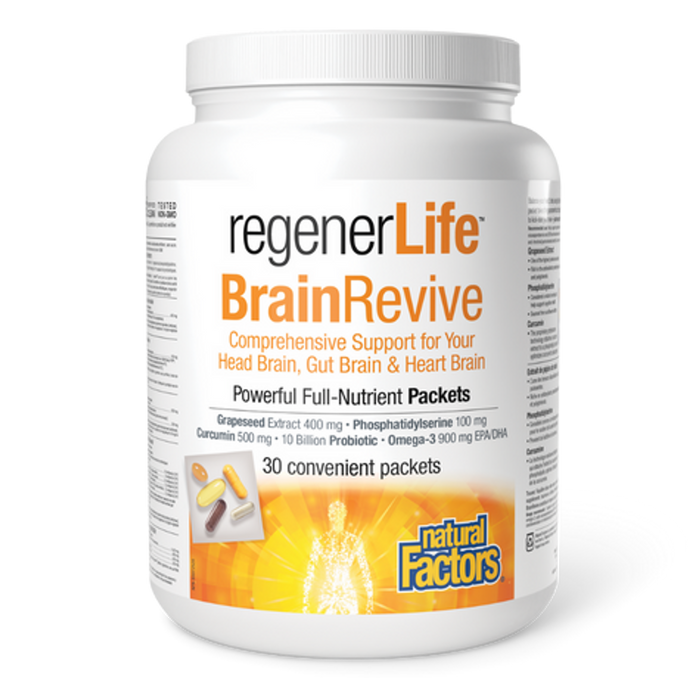 Natural Factors Regenerlife Brain Revive Daily Kit - Comprehensive Support for Your Head Brain, Gut Brain & Heart Brain 30 SACHETS