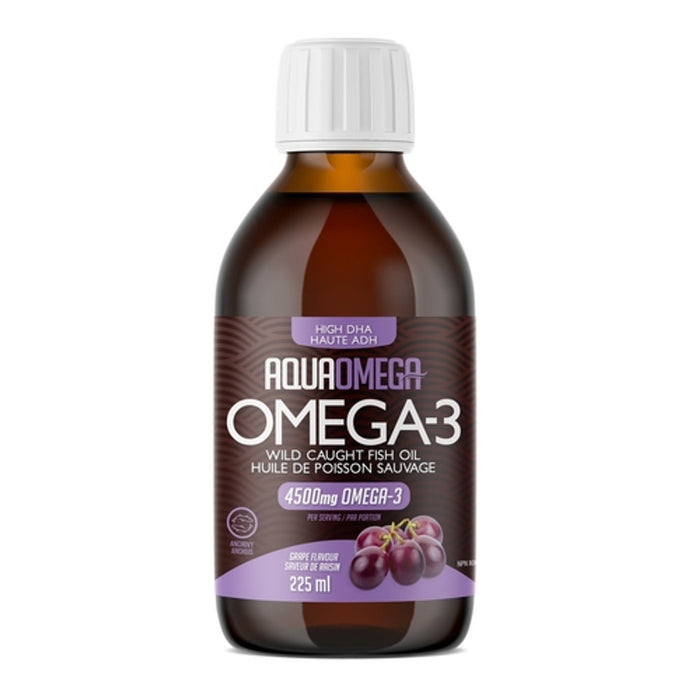 Aqua Omega High DHA Omega-3 Wild Caught Fish Oil Grape Flavour 225ml