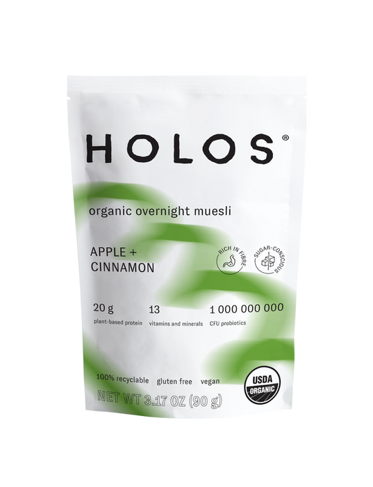 Holos Organic Overnight Muesli, Plant-Based Protein, Probiotics; Apple & Cinnamon 20g