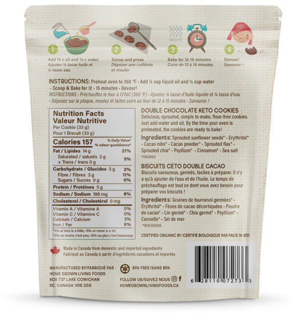 Home Grown Living Foods Easy U-Bake Organic Double Chocolate Cookies, Keto, Plant Based, Graine & Nut Free, Gluten Free 330g
