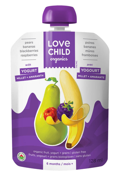 Love Child Organics, Organic Puree; 6 months, Pears, Bananas, Blackberries, Raspberries with Yogurt Millet & Amaranth 128ml