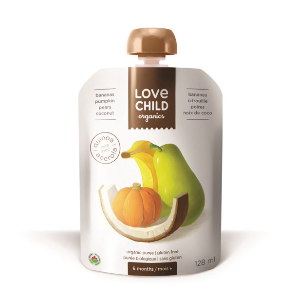 Love Child Organics, Organic Puree; 6 months, Bananas, Pumpkin, Pears, Coconut:  With Quinoa 128ml