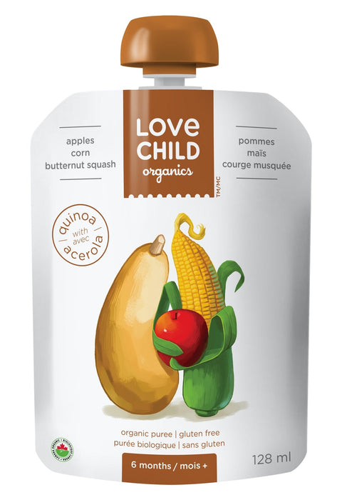 Love Child Organics, Organic Puree; 6 months, Apples, Corn, Butternut Squash;  With Quinoa 128ml