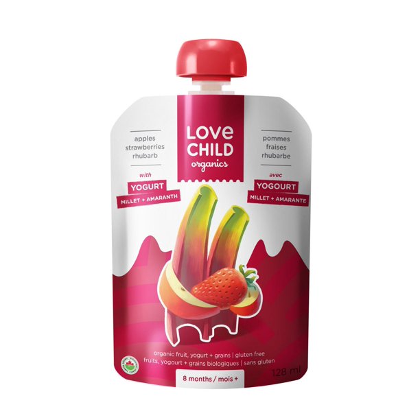 Love Child Organics, Organic Fruit, Yogurt & Grains; Apples, Strawberries, Rhubarb; 6 months 128ml