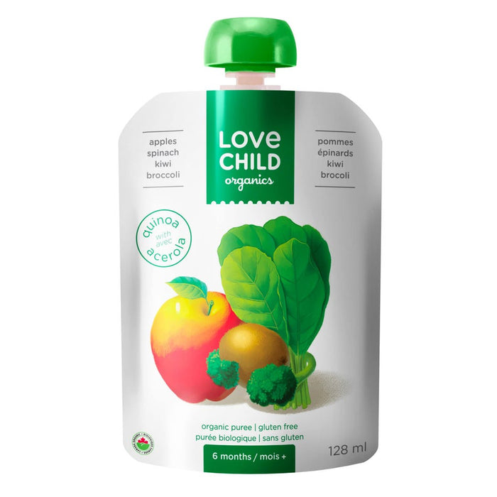 Love Child Organics, Organic Puree, 6 months; Apples, Spinach, Kiwi, Broccoli With Quinoa 128ml