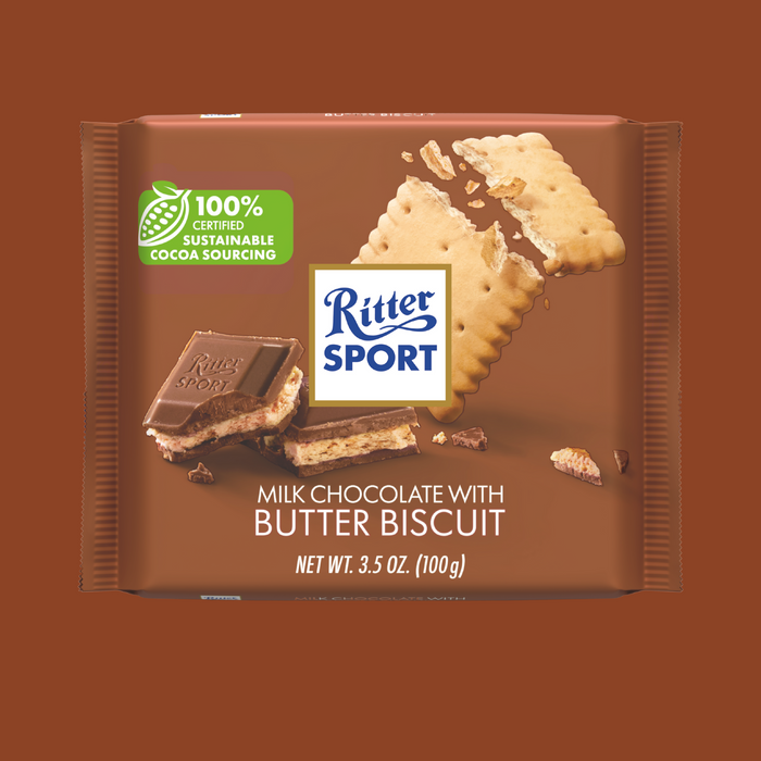 Ritter Sport Milk Chocolate Butter Biscuit & Cocoa Creme – Filled Chocolate Bar with Biscuit & Cocoa Cream (100g)