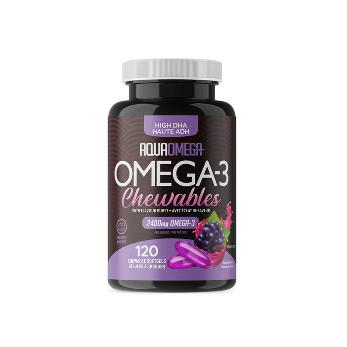 AquaOmega Chewable High DHA Omega-3 Grape Flavour - Wild Caught Fish Oil 120 Chewables