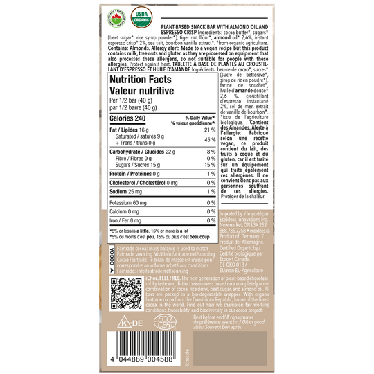 i-Choc Whit Barista Blend Plant-Based Snack Bar with Almond Oil and Espresso Organic 80g