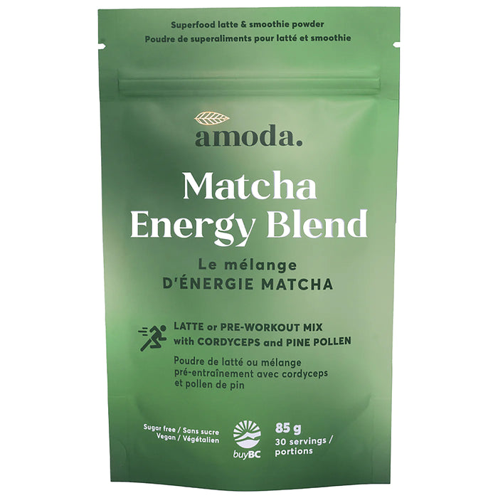 Amoda Matcha Energy Blend Latte or Pre-Workout Mix - Matcha, Maca, Siberian Ginseng, Green Tea Pollen, Spirulina, Raw Vanilla Bean Powder 85g