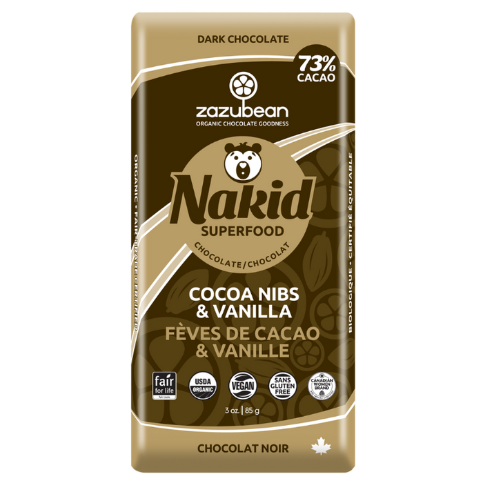 Zazu Bean Organic Chocolate Bar - Cocoa Nibs and Vanilla 85g