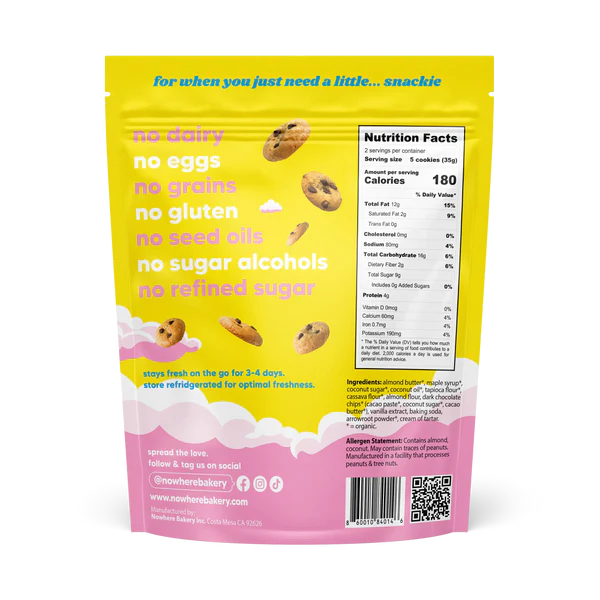Nowhere Bakery Choc Chip Snackies - Gluten Free Crunchy Chocolate Chip Cookies 71g