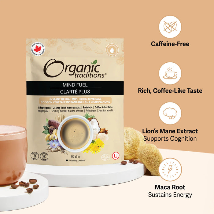 Organic Traditions Mind Fuel Mushroom Beverage - Adaptogenic Superfood Drink (140g)
