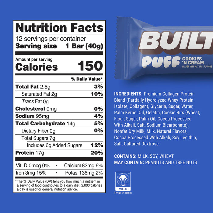 Built Puff Cookies 'N Cream – Protein Bar, Marshmallow Texture (12x40g)
