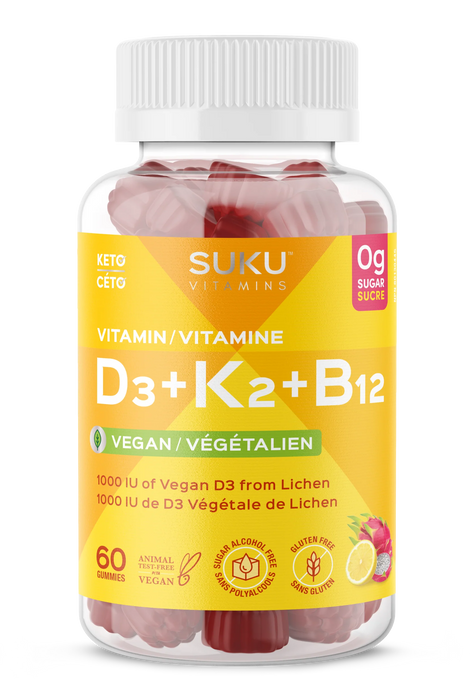 Suku Vitamins D3 + K2 + B12 Vegan – Bone & Heart Health Support Gummies (60 Gummies) 60gummies
