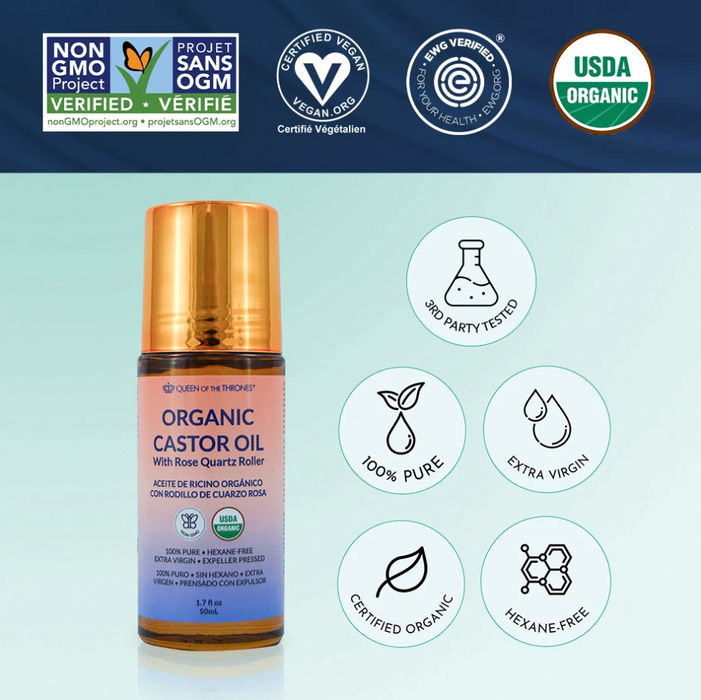 Queen of the Thrones Organic Castor Oil with Rose Quartz Roller 50ml