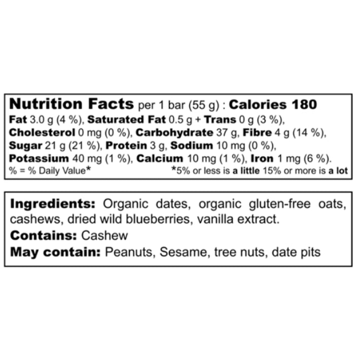 The Oat Company Wild Blueberry Energy Bar with Organic Dates, Oats, Cashews, Wild Blueberries, Vanilla 55g