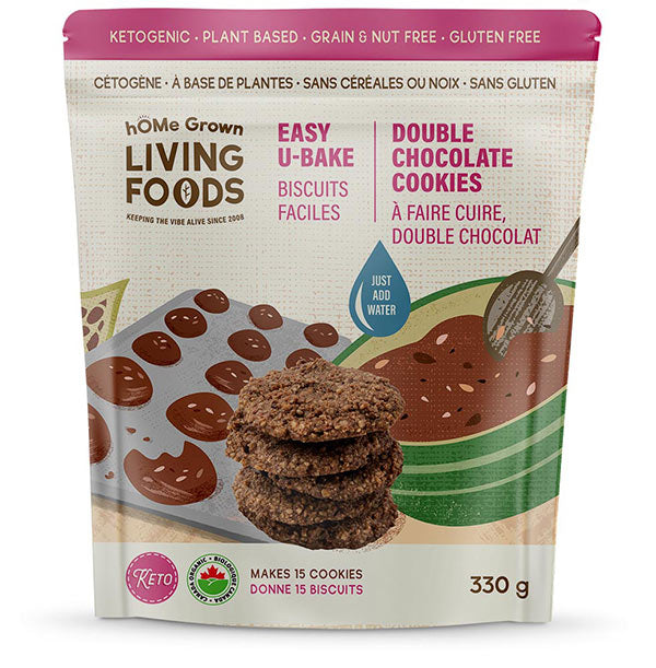 Home Grown Living Foods Easy U-Bake Double Chocolate Cookies, Keto, Plant Based, Graine & Nut Free, Gluten Free 330g