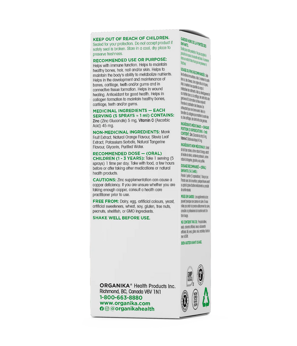 Organika Kids Zinc Spray with Vitamin C (Orange Tangerine Flavour) 30ml