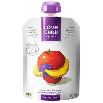 Love Child Organics, Organic Puree; 6 months, Apples, Bananas, Blueberries;  With Quinoa 128ml