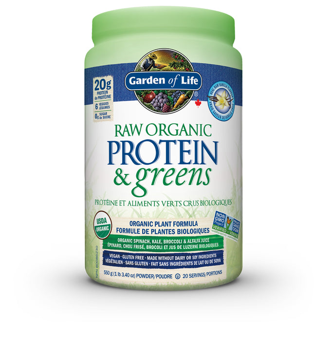 Garden of Life Raw Organic Plant Protein & Greens Vanilla Flavour - Vegan, Gluten, Dairy & Soy Free 550g