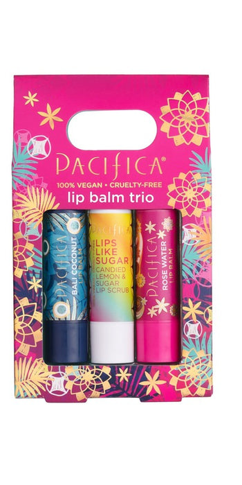 Pacifica Lip Balm Trio Gift Set - Bali Coconut, Candied Lemon & Sugar Lip Scrub, Rose Water 3X4.2g