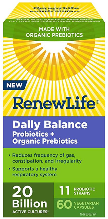 RenewLife Daily Balance Probiotics + Organic Prebiotics (20Billion) 60 Vegecaps