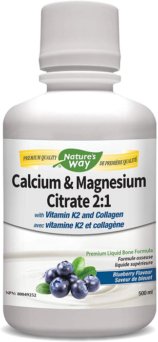 Nature's Way Calcium & Magnesium Citrate 2:1 with Collagen High-Absorption Bone Formula Blueberry 500ml